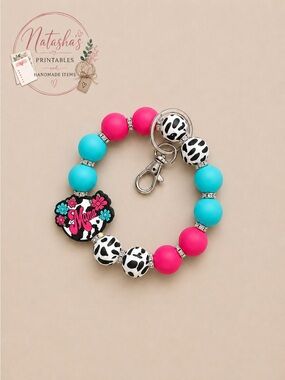 Mama Beaded Keychain Bracelet - Pink & Teal w/ cow print